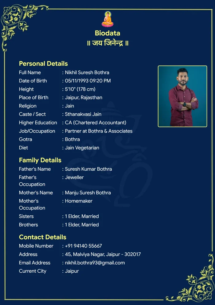 Sample Jain marriage biodata template