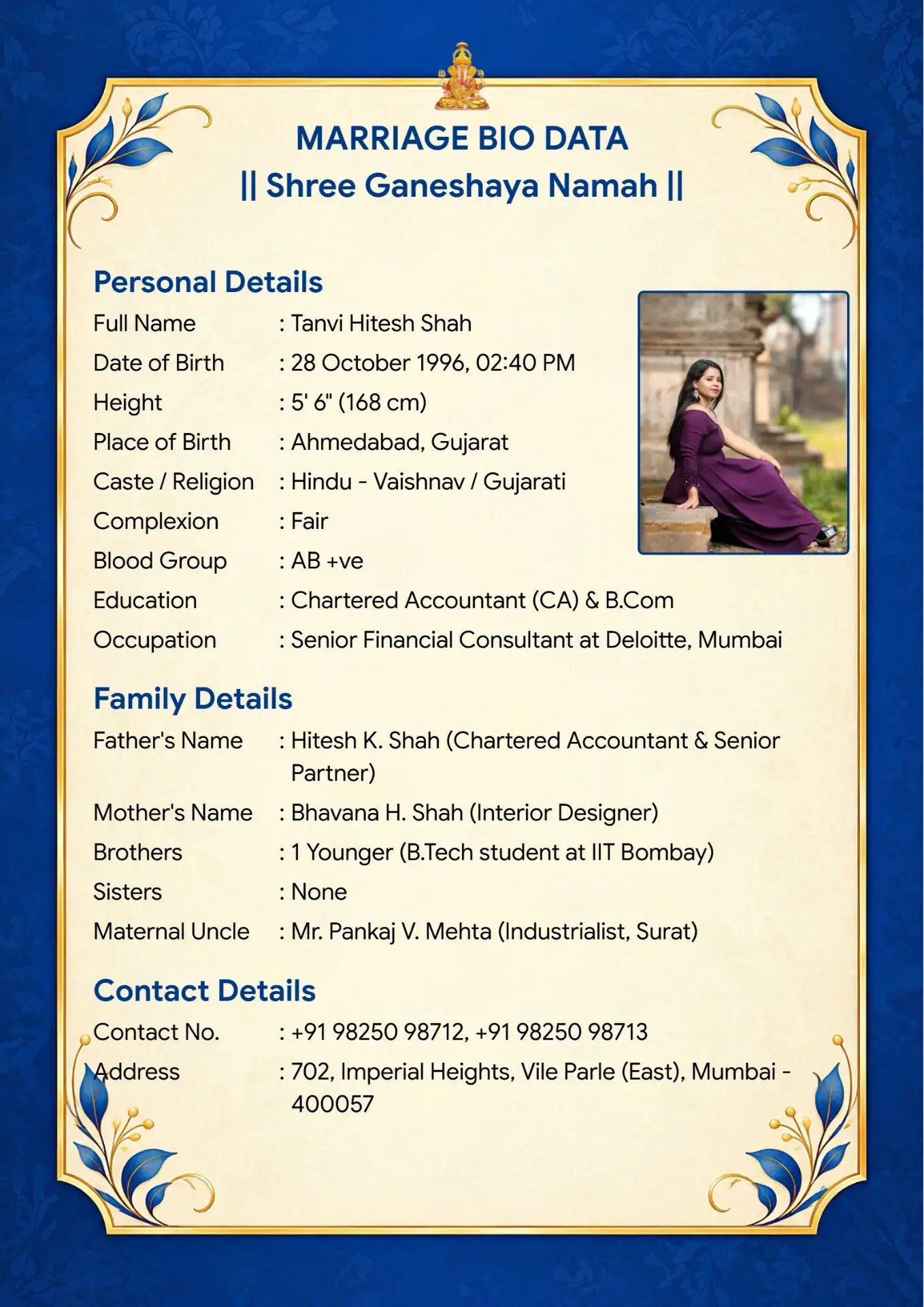 Royal Blue biodata template
